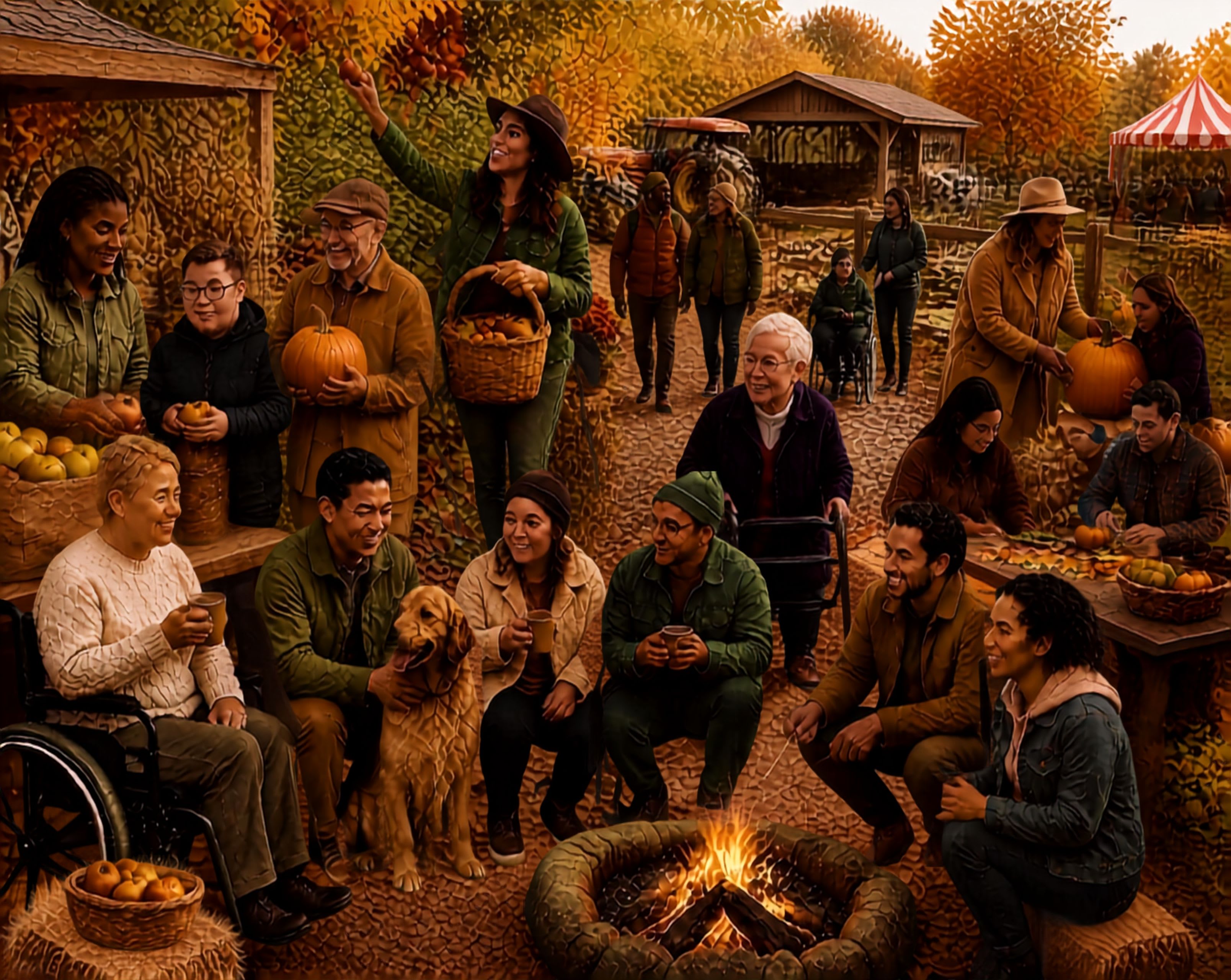 People at fall fair, picking apples and pumpkins, sitting around campfire, hiking, boating
